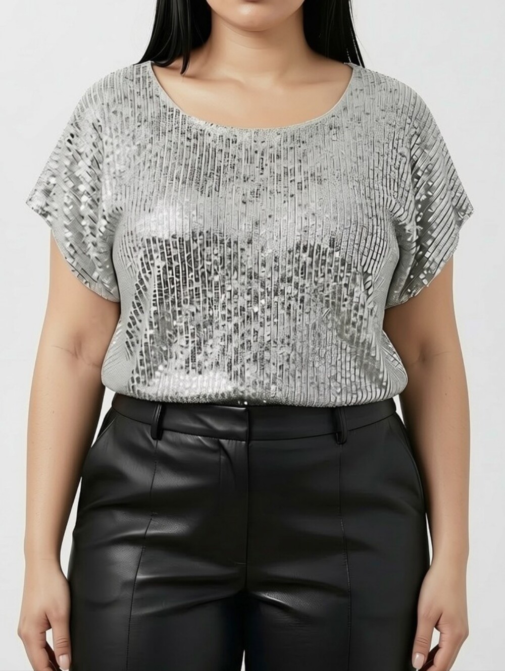 Cable & Gauge Silver Sequin Short Sleeve Scoop Neck Top - Picture 1 of 4